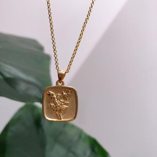 Silvology 925 Sterling Silver Square Art Rose Flower Pendant Necklace Gold Temperament Elegant Female Necklace Festival Jewelry