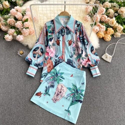 2021 Summer Two Piece Suits Women Tropical Jungle Elephant Print Long Lantern Sleeve Shirt Top + Shorts A-Line Skirt 2 Piece Set