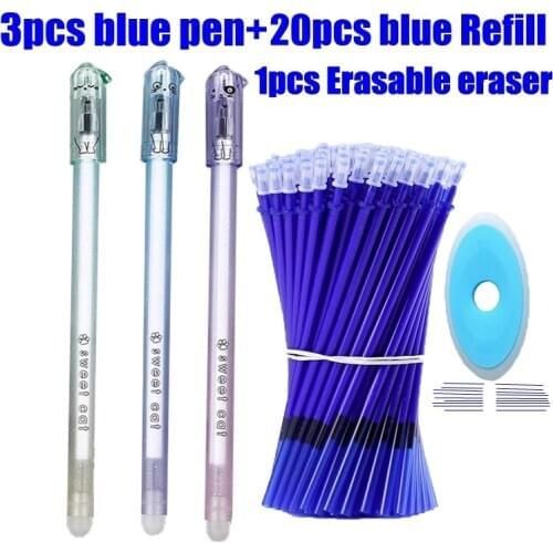 24Pcs/Set 0.5mm Blue Ink Gel Pen Erasable Refill Rod Erasable Pen Washable Handle School Writing Stationery Cat Gel Ink Pen