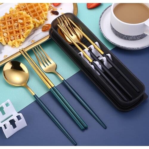 3Pcs/set Gold Cutlery Set Stainless Steel Dinnerware Portable Silverware Flatware Set Dinner Chopstick Fork Spoon Dropshipping