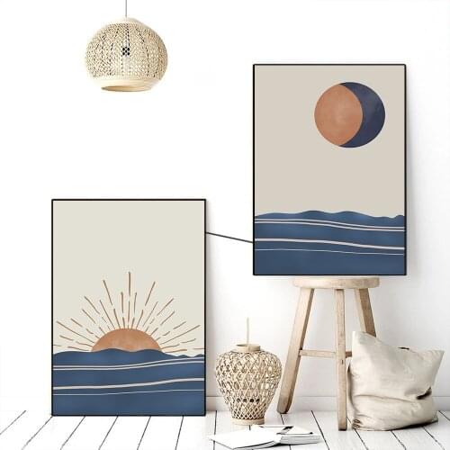 Abstract Sea Sunrise Canvas Painting Moon Minimalist Wall Art Poster Sun Landscape Print Boho Wall Pictures Living Room Decor