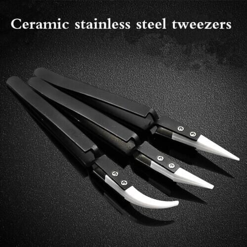 Anti-Static Reverse Ceramic Tweezers Stainless Steel Electronic Cigarette Heat Resistant Conductive Curved Straight Tweezers