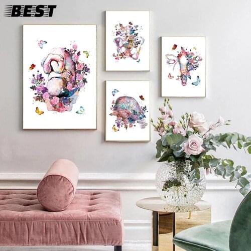 Gravidez anatomia médico poster aquarela feto no útero floral útero placenta arte pintura quadros em tela presentes obstetra