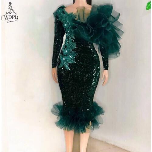 Glitter Sequin Short Cocktail Dresses kardashian Long Sleeves Ruffled Tea Length Prom Dress Emerald Green Sequins Gala Gowns