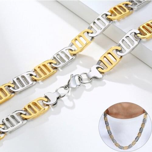 Simple 10mm Wide Stainless Steel Zipper Chain Necklaces for Men Gold Color Two-Tone Links Collar Male Jewelry 60cm