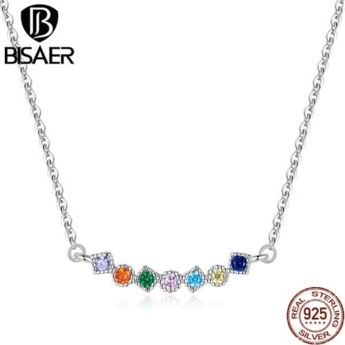 Bisaer Real 925 Sterling Silver Rainbow Pendant Pendant Necklace For Women Fine Silver Jewelry Original Gift ECN451