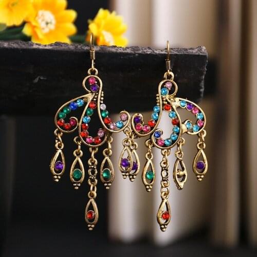 Ethnic Gold Alloy Wave Blue Beads Tassel Earrings For Women Jewelry Vintage Baroque Rhinestones Earrings Bijoux