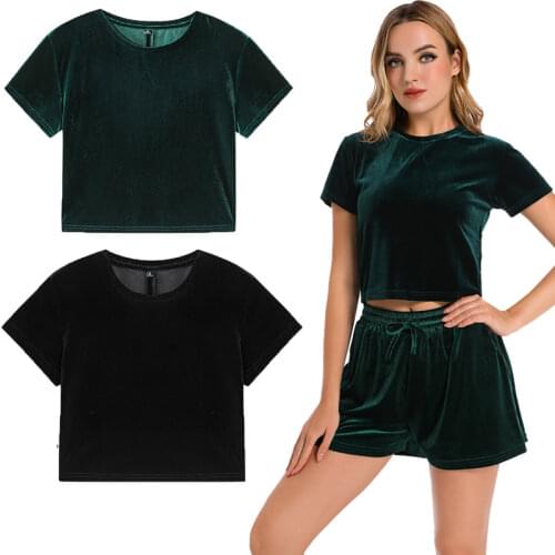 Women Velvet Velour Sport Gym Skinny Crop Top T Shirts