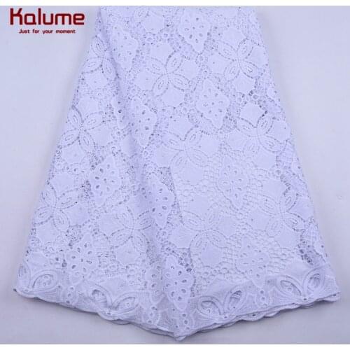 Kalume Pure White African Guipure Cord Lace Fabric Embroidery Nigerian Water Soluble Cord Lace Fabric Stones For Dress F2142