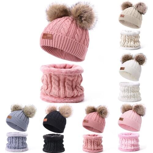 Two pieces Hat Scarf Set Beanie Cap Childrens Hats Girls Caps Fake Ball Pompon Keep Warm Winter Knitted Skullies Kids Bone