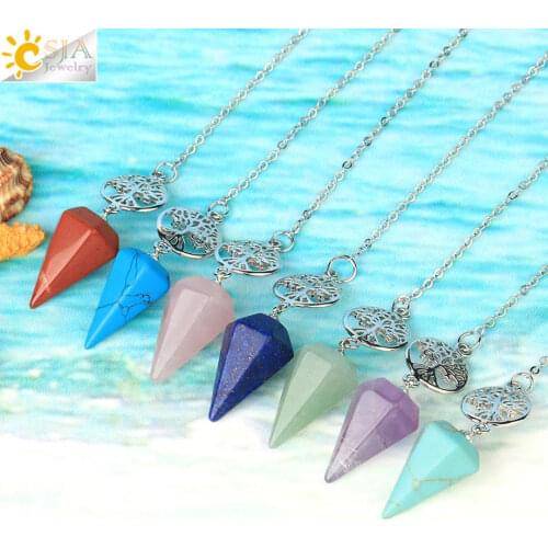 CSJA Natural Stone Pendulum for Divination Dowsing Radiesthesia Tree of Life Pendant Pendulos Esoteric Amulet Esotericism G718
