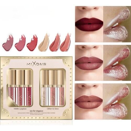 MIXDAIR 6 Pcs Matte Lip GlossColor and High Beam Set Longlasting Waterproof Gliter Pearl Light Lipgloss Packaging Bags Gift