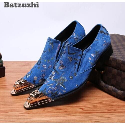 Batzuzhi Italian Type Blue Leather Business Shoes Leather Mens Dress Shoes Pointed Metal Toe Slip on Party and Wedding Zapatos