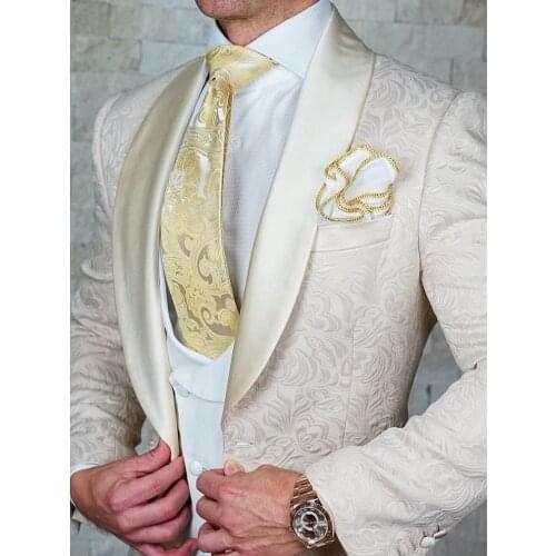 New Style Men Suits Beige and White Groom Tuxedos Shawl Satin Lapel Groomsmen Wedding Best Man ( Jacket+Pants+Vest+Tie ) D100