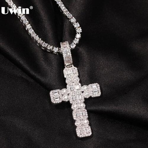 UWIN New Cross Pendant Necklace with Gold 4mm Tennis Chain Ice Micropavement Cubic Zirconia HipHop Jewelry Fashion Gift