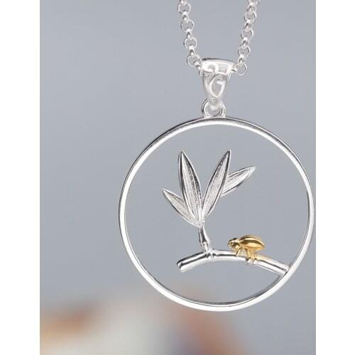 Silver Chinese wind bamboo leaf Ladybug Necklace Pendant female antique natural fresh color separation silver jewelry
