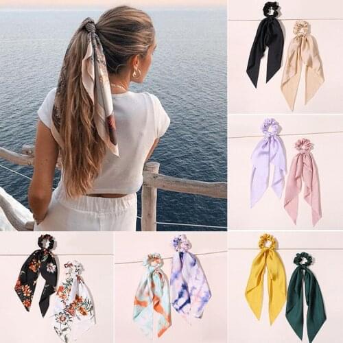 Hair Scrunchies Bowknot Satin Long Tail Elastic Ribbon Bow Scrunchy Scarf Scrunchie Vintage Ponytail Ties Bands for Girl DL