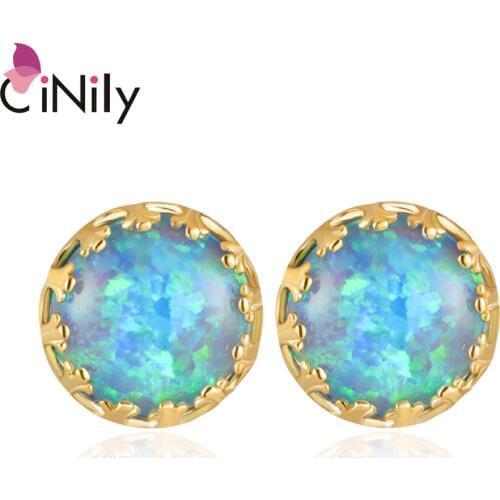 CiNily Ocean Blue Fire Opal Stud Earrings Yellow Gold Color Mini Ball Earring With Round Stone Bohemia Boho Vintage Jewelry Girl