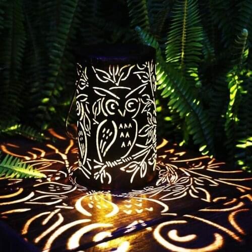 Solar Light Owl Lantern Wrought Iron Hollow Outdoor Waterproof Light Creative Flower Light Park Street Hanging Light