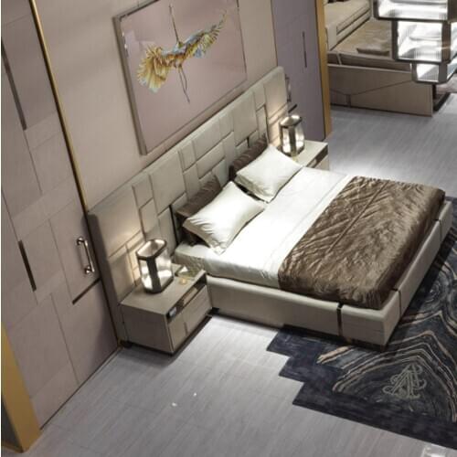 Modern minimalist luxury master bedroom double bed high-end villa imported fabric soft bed Italian bedside table dressing table