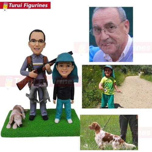 Father hunter and his son figurines with prey Wild boar statuette mini statue sculpting service custom bobblehead dolls