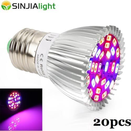 20pcs/lot 28W Plant Lamp LED Grow Lights Full Spectrum LED Bulb for Plants Growing Flowers Hydroponics Grow Box Wholesale