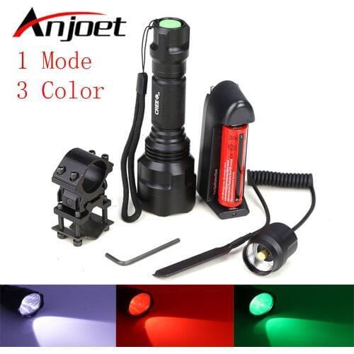Hunting LED Flashlight Green Red Light Lighting Distance Tactical Lantern C8+ Remote Pressure Switch+ Gun Mount +battery+charger