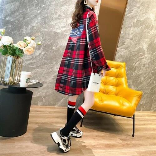 Loose Korean Mid-length Black and Red Plaid Shirt Womens Autumn Clothing 2020 New Trend Harajuku Jacket Shirt Clothes Women