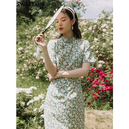 SWEETXUE Vintage Elegant Chinese Style Cheongsam Dress Summer 2021 Slim Split Modern Everyday long Short Sleeve Female Vestidos