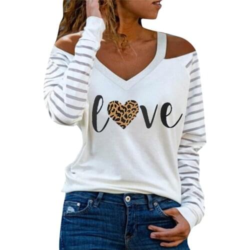 Womens Letter Love Print Blouse Casual V-neck Stitched Stripe Blouse Long Sleeve Blouse Top Блузка Женская 2021 #G3