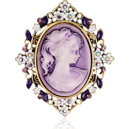 Vintage Brooches Elegant Purple color Beauty Head Cameo Austria Crystal for women Wedding Brooch Bouquet Pin Bejeweled AF041