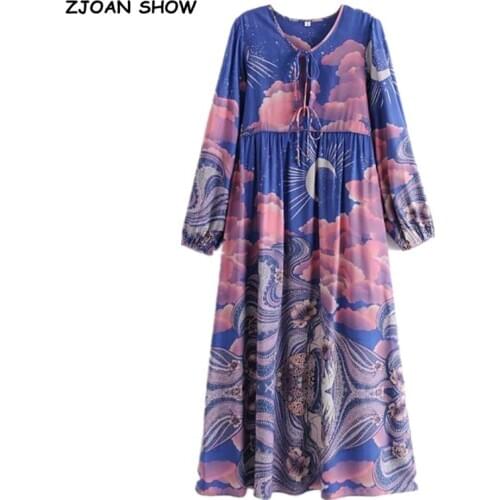 2021 Bohemia Bandage Lacing up Collar Blue Space Moon Flower Print Dress BOHO Woman Long Sleeve Maxi Long Holiday Dresses Beach