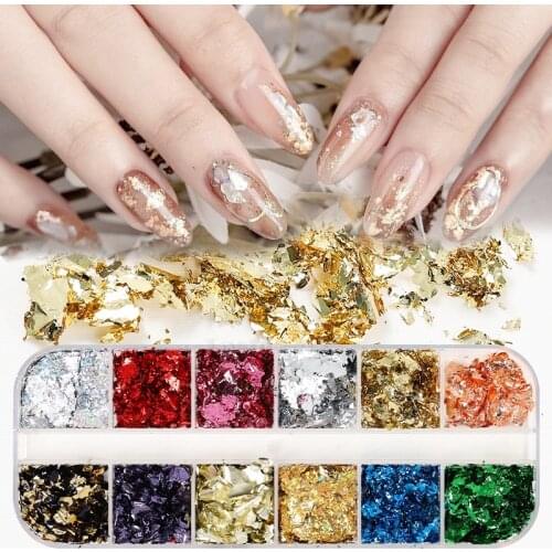 12 Grids Multi-Colroed Rose Gold Silver Leaf Flakes Confetti Foil Paper Stripes Powder Nail Art Decoration DIY Party Supplies