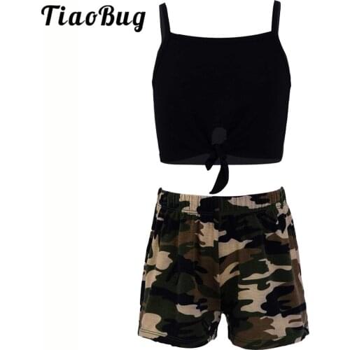2Pcs Kids Girls Clothes Summer Fashion Camouflage Sleeveless Tanks Top Ballet Dance Gym Workout Vest with Bottoms Shorts
