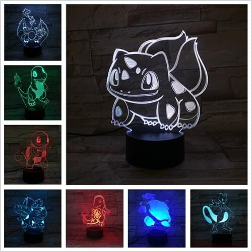 3D Lamp Pokemon LED Night Light Charmander Squirtle Mewtwo Bulbasaur Charizard Go Pikachu Lampara Cartoon Cute Lights Home Decor