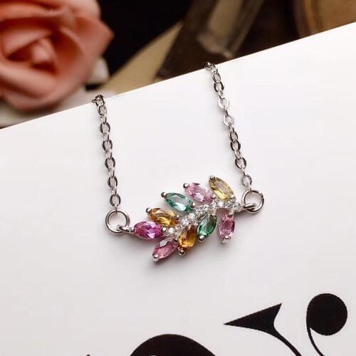 Almei Natural Tourmaline Leaf Pendant Necklace for Women, 925 Sterling Silver, 2*4mm Gemstone, Velvet Box Certificate FN686