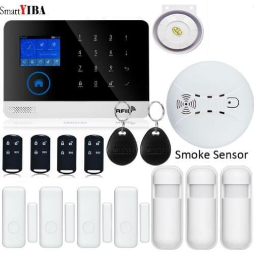SmartYIBA Wireless Touch Keyboard WIFI GSM Home RFID Burglar Security Alarm System Smoke Fire Sensor Detector APP Remote Control