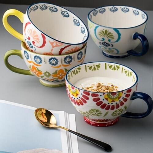 Large Capacity Creative Hand-painted Oatmeal Breakfast cup Household Water Cup Capacity Bowl Trendy mark Ceramic Cup