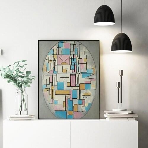 Composition In Oval With Color Planes By Pietr Mondrianos Art Canvas Poster Painting Wall Picture Print Home Bedroom Decoration