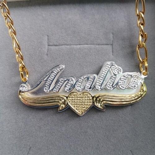 Custome 3D Personalized Double Name Necklace Double Plated Name Heart Pendent Necklace Stainless Steel Jelwery Women Gifts