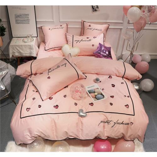 Pink Lovely 80S Egyptian cotton Embroidered Bedding sets Queen King Princess Duvet cover Bed sheet set Pillowcases 4/6pcs black