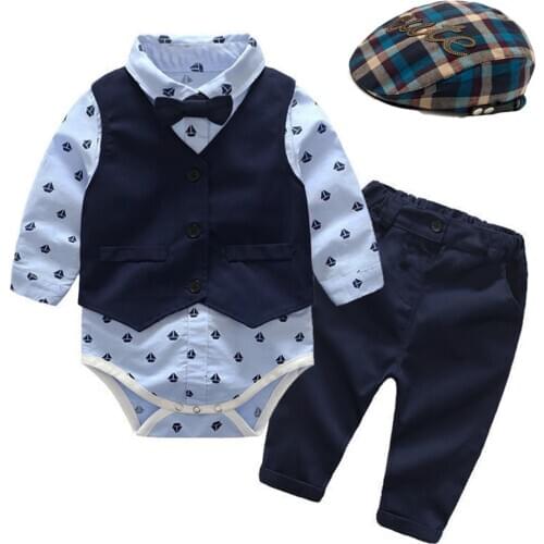 Boys Printed Clothes Infant Newborn Children Sets Dress Kids Hat + Vest + Romper + Pants 5 PCS Autumn Spring Suits Baby Outfit