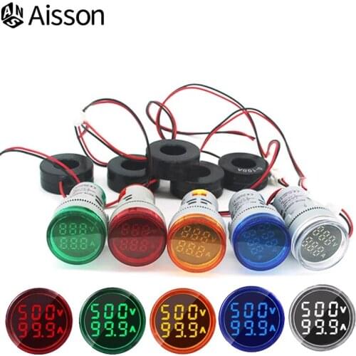 22mm Round LED Ammeter AC Voltmeter Dual Display Voltage AC60-500V Current 0-100A Meter Indicator