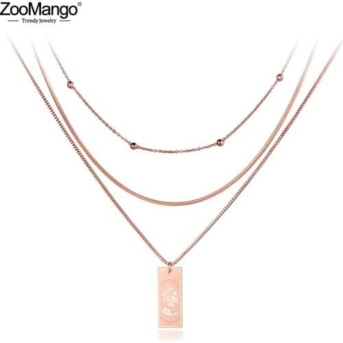 ZooMango Trendy Titanium Steel Three-layer Queen Portrait Charm Necklaces Jewelry Pendant Chain Necklace For Women Girls ZN19078