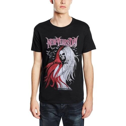 Mens New Years Day Long Hair Skull Banded Collar Short Sleeve T-Shirt
