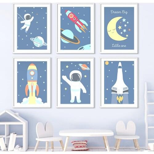 Astronaut Rocket Space Moon Sun Cartoon Nursery Wall Art Canvas Painting Nordic Posters And Prints Wall Pictures Kids Room Decor