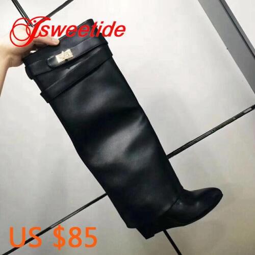 New fashion classic autumn women boots brand over the knee metal buckle strap boots shoes woman leather Wedge motorcycle boots