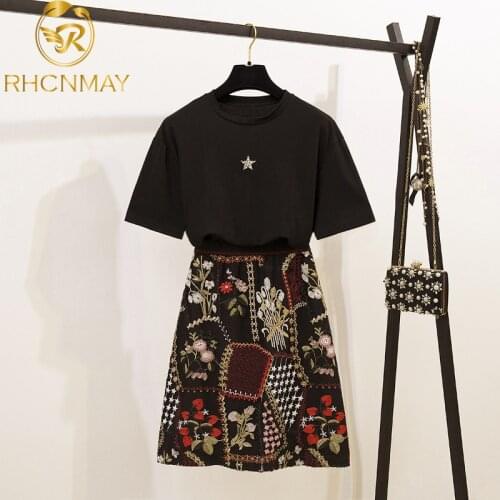 New Womens Diamond Beadings Star Tees Tops Blouses Ladies And Black Luxury Floral Embroidery Skirt Suit Set