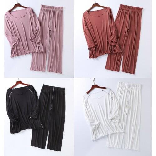 Factory Wholesale Summer 2021 New Silk Light Modale Pajamas Women Seven Sleeves Nine Wide-legged Pants Home Clothing Set