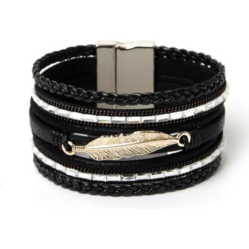 ORNAPEADIA 2018 New Jewelry Top Sell Bohemia Multilayer bracelet Ethnic Feather Accessories Woven Leather Bangles for women